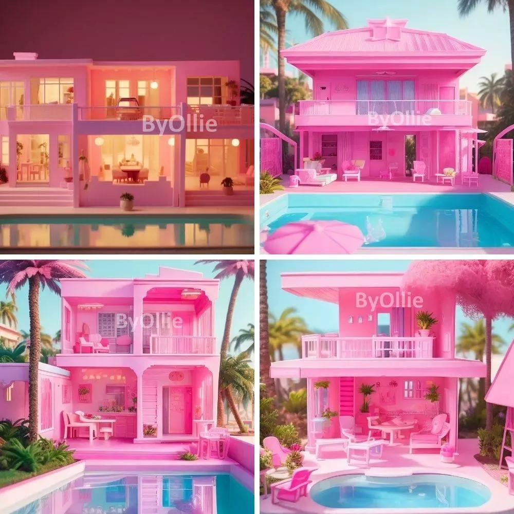 4 Malibu Girls Teens Chic Pink Beach Dollhouse Pool, Dream Mansion Pool House kids Digital Party Aesthetic Photo Backdrop Background Overlay - Image 2