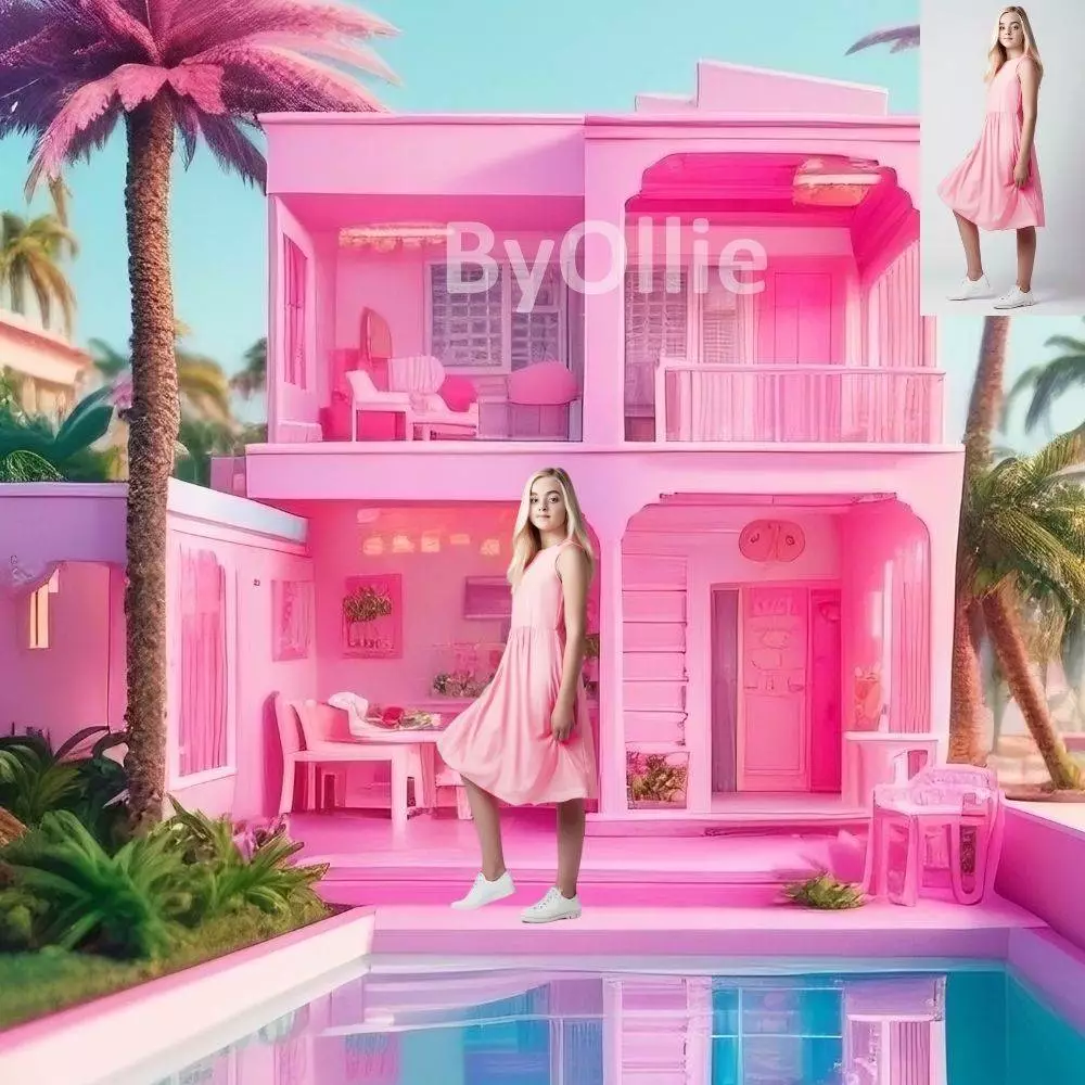 4 Malibu Girls Teens Chic Pink Beach Dollhouse Pool, Dream Mansion Pool House kids Digital Party Aesthetic Photo Backdrop Background Overlay - Image 5