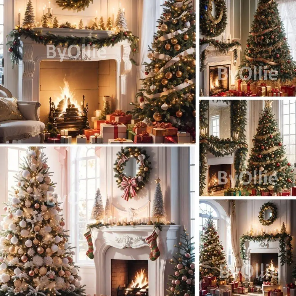 10 Holiday Digital Backdrops Family Cozy Christmas Tree Beautiful House Mansion Kid Digital Portrait Photography Backgrounds Photoshop - Image 2