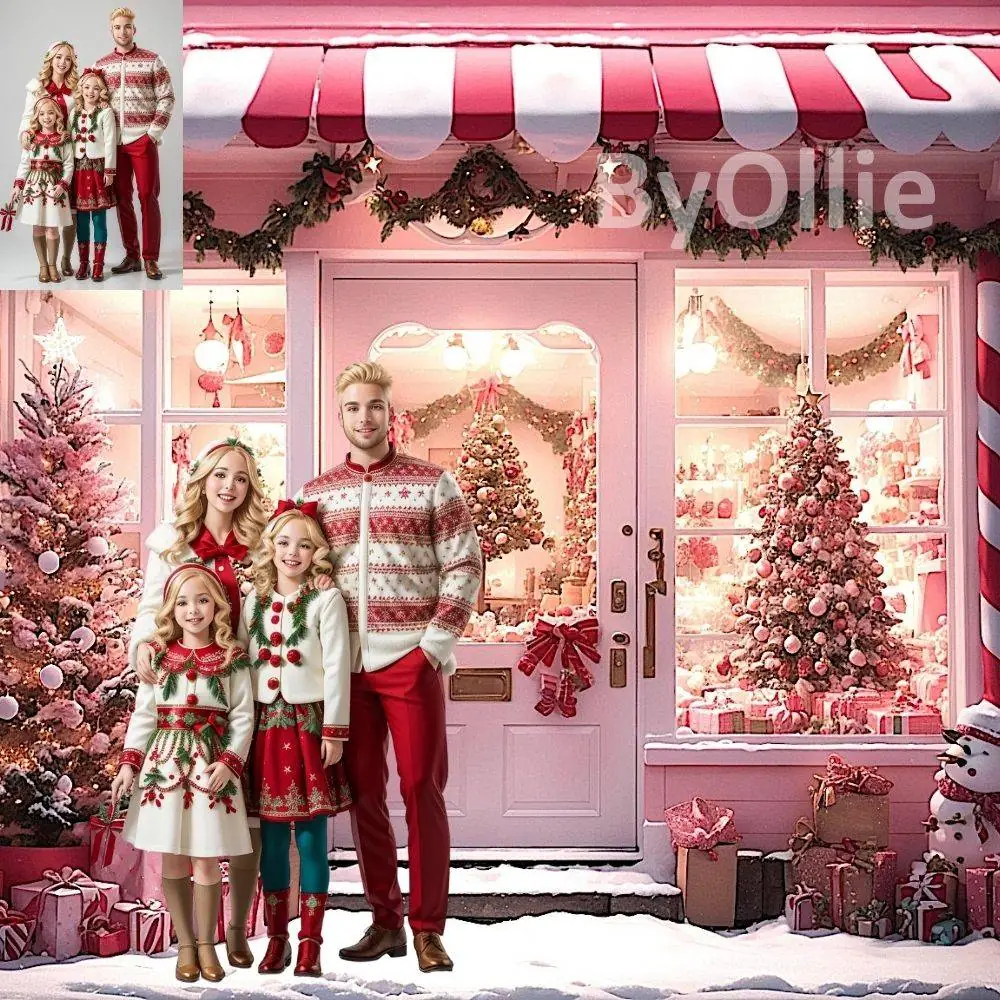 4 Pink Christmas Village House CG Digital Backdrops Stock Winter Backgrounds North Pole Santa's, Shops Snow Instagram Travel Family Overlays - Image 4