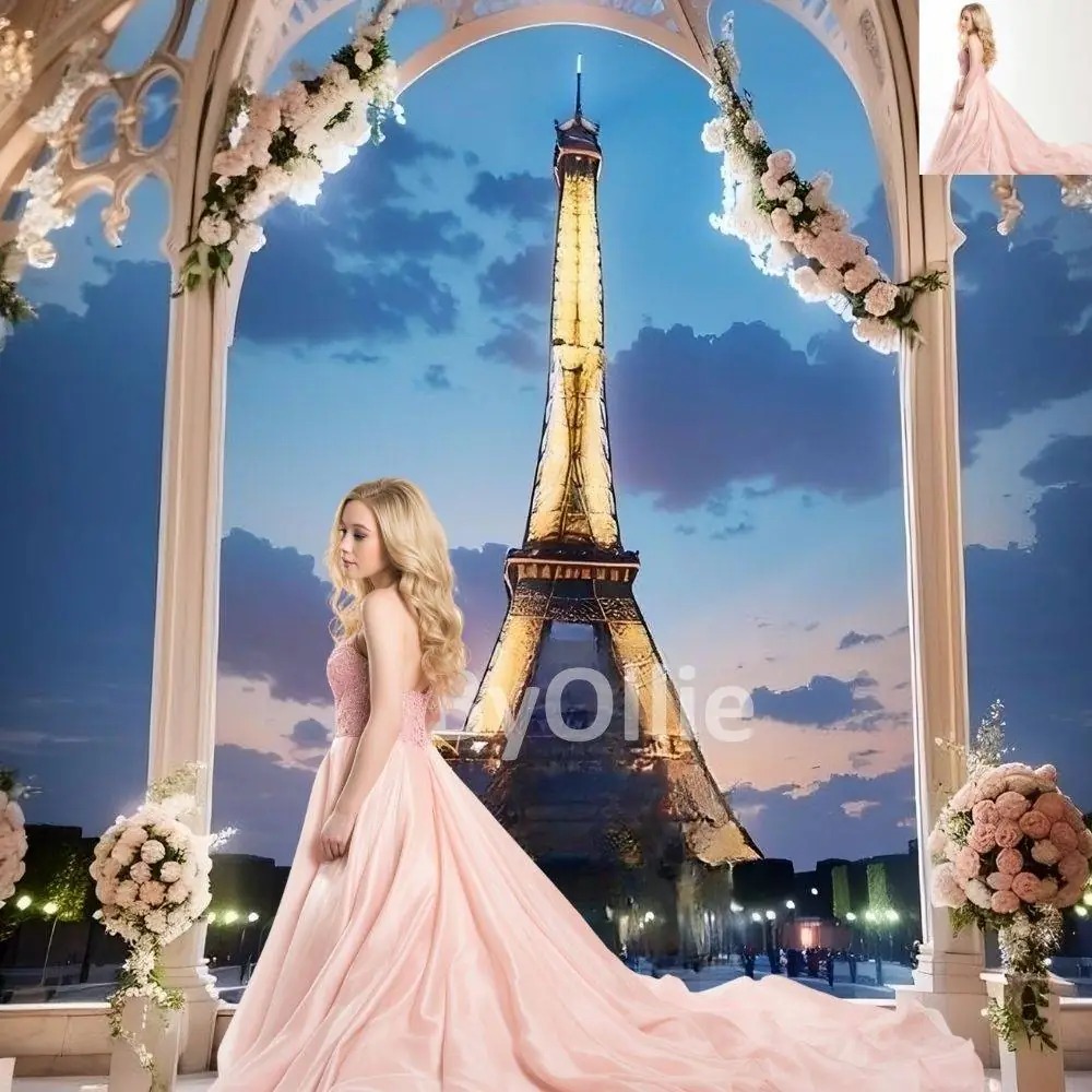 Eiffel Tower Paris France, Couple Honeymoon Vacation Wedding Debutante Chic Studio Aesthetic Digital Photography Backdrop Background Overlay - Image 3