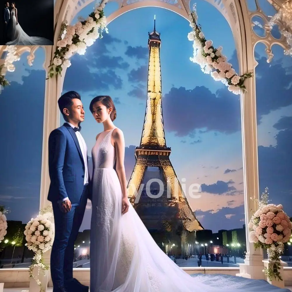 Eiffel Tower Paris France, Couple Honeymoon Vacation Wedding Debutante Chic Studio Aesthetic Digital Photography Backdrop Background Overlay - Image 4