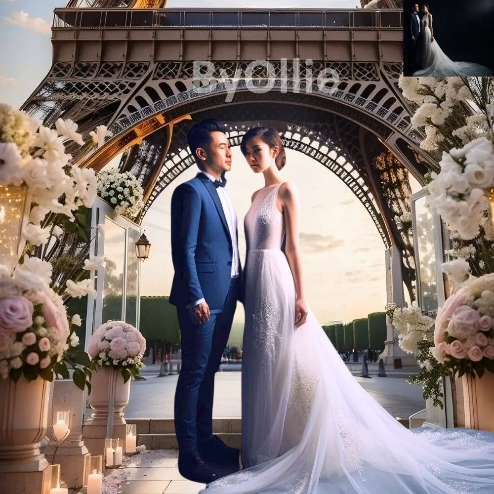 Eiffel Tower Paris France, Couple Honeymoon Vacation Wedding Debutante Chic Studio Aesthetic Digital Photography Backdrop Background Overlay - Image 5