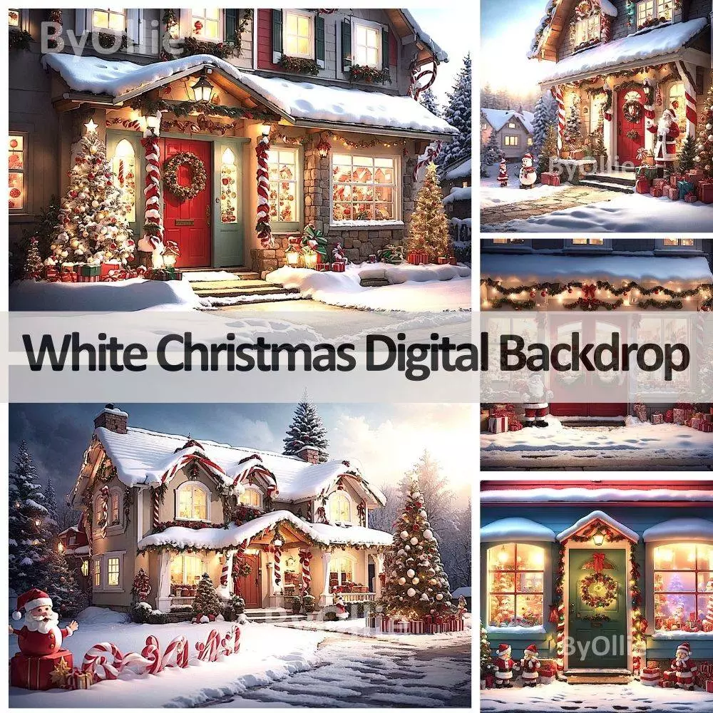 14 Christmas Pink White Winter Village House Digital Backdrops Backgrounds North Pole Santa's, Shops Snow Instagram Travel Family Overlays - Image 2