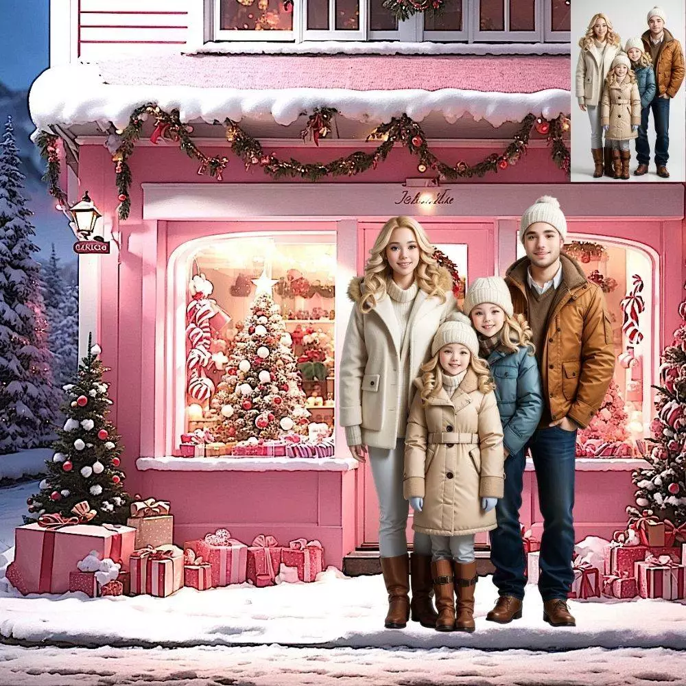 14 Christmas Pink White Winter Village House Digital Backdrops Backgrounds North Pole Santa's, Shops Snow Instagram Travel Family Overlays - Image 4