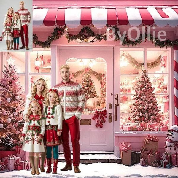 14 Christmas Pink White Winter Village House Digital Backdrops Backgrounds North Pole Santa's, Shops Snow Instagram Travel Family Overlays - Image 5