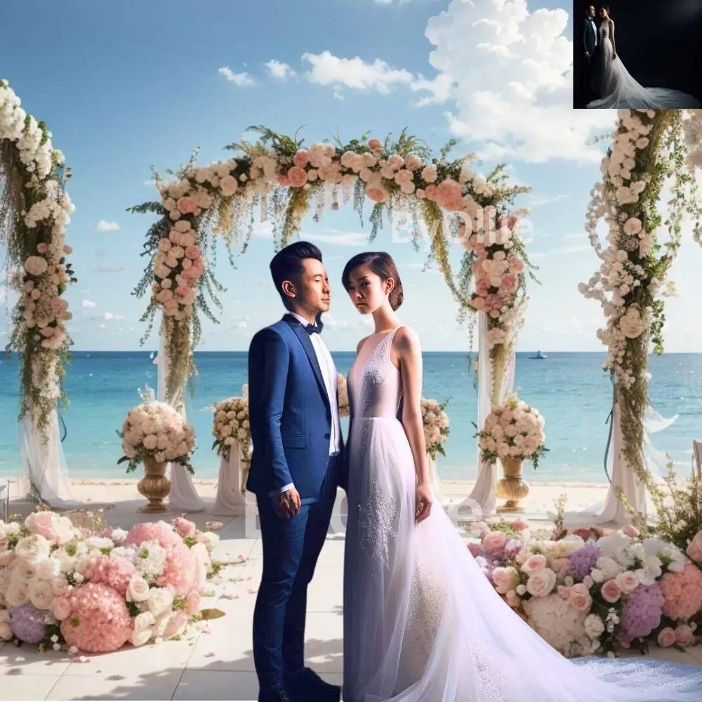 8 Tropical Beach Digital Backgrounds Floral Arch Sky Wedding Couple Honeymoon Pre nuptial Debutante Photography Portrait Backdrops Aesthetic - Image 4