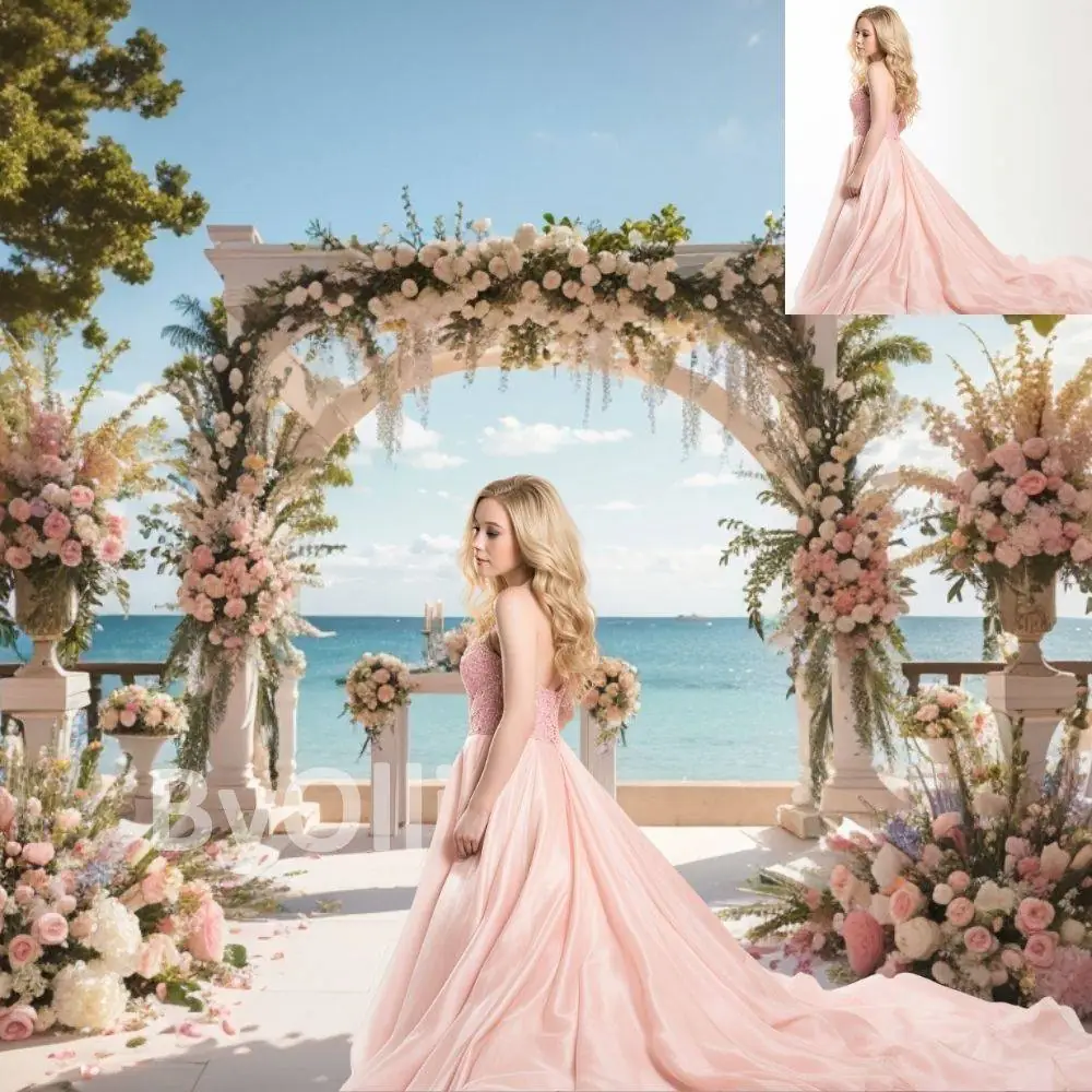 8 Tropical Beach Digital Backgrounds Floral Arch Sky Wedding Couple Honeymoon Pre nuptial Debutante Photography Portrait Backdrops Aesthetic - Image 5