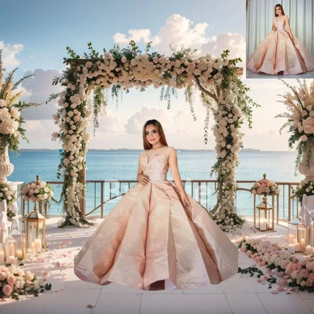 8 Tropical Beach Digital Backgrounds Floral Arch Sky Wedding Couple Honeymoon Pre nuptial Debutante Photography Portrait Backdrops Aesthetic - Image 7