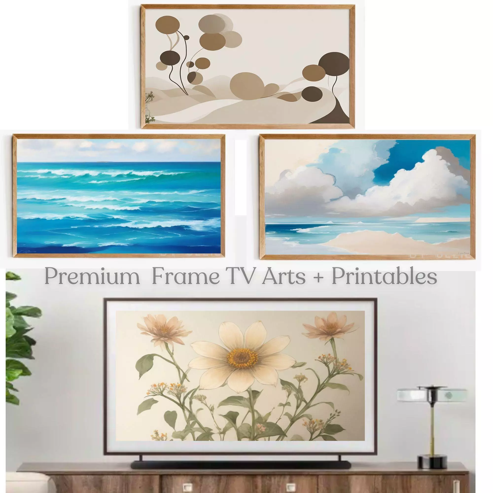 4 Bundle Lg Frame TV Modern Seascape Painting Abstract Coastal Ocean DIGITAL TV Art Printable Wildflower Landscape Vintage Art Print
