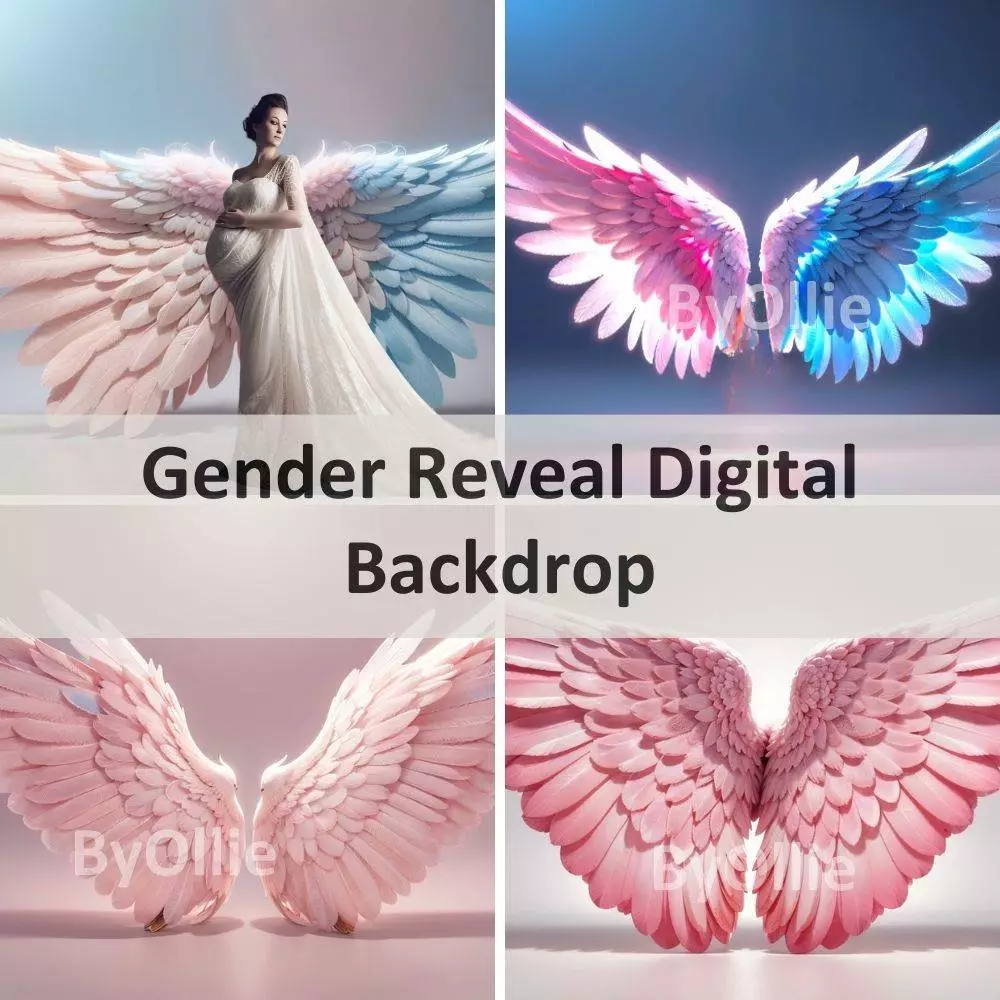 8 Gender Reveal Complete Mystery Beauty Beats Pink Blue Twin Baby ideas Pregnancy Pregnant Angel Wings Maternity Hip Hop Digital ! Backdrop!