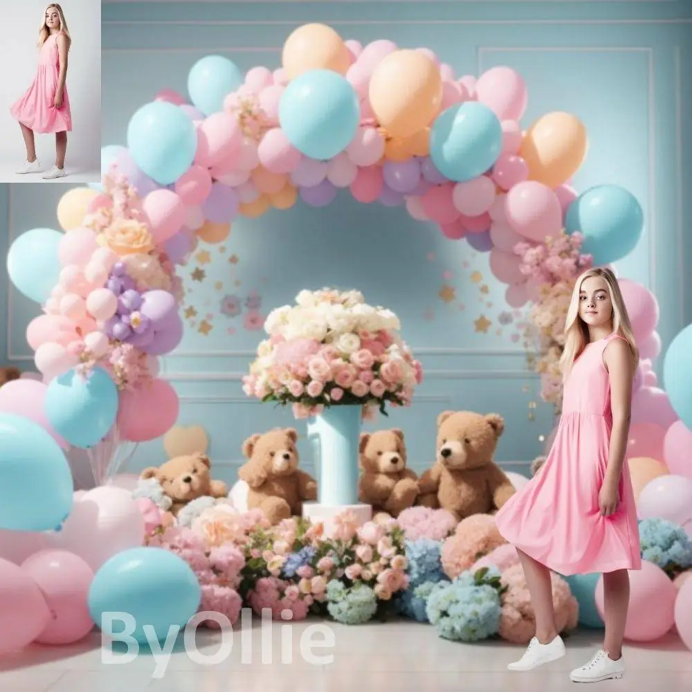 Birthday First 1st Children Baby Toddler Kids Balloons Arches Flowers Cakes Digital Virtual Aesthetic Photography Background Backdrop JPEG - Image 2