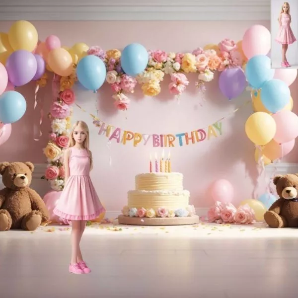 Birthday First 1st Children Baby Toddler Kids Balloons Arches Flowers Cakes Digital Virtual Aesthetic Photography Background Backdrop JPEG - Image 5