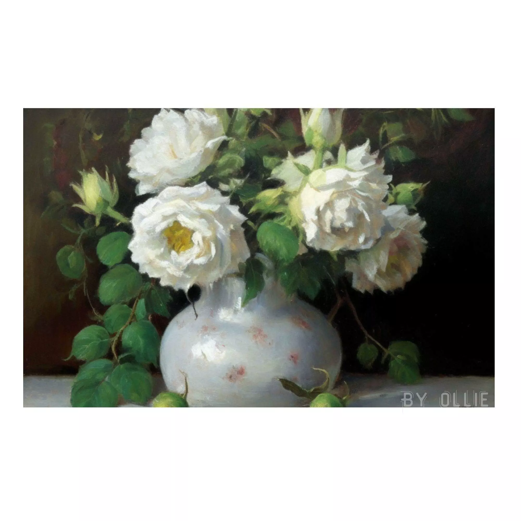 Vintage Muted Still Life Painting | White Rose Flowers Botanical Farmhouse Print| Ornament Flower Vase Oil Painting| Digital Art Painting - Image 2