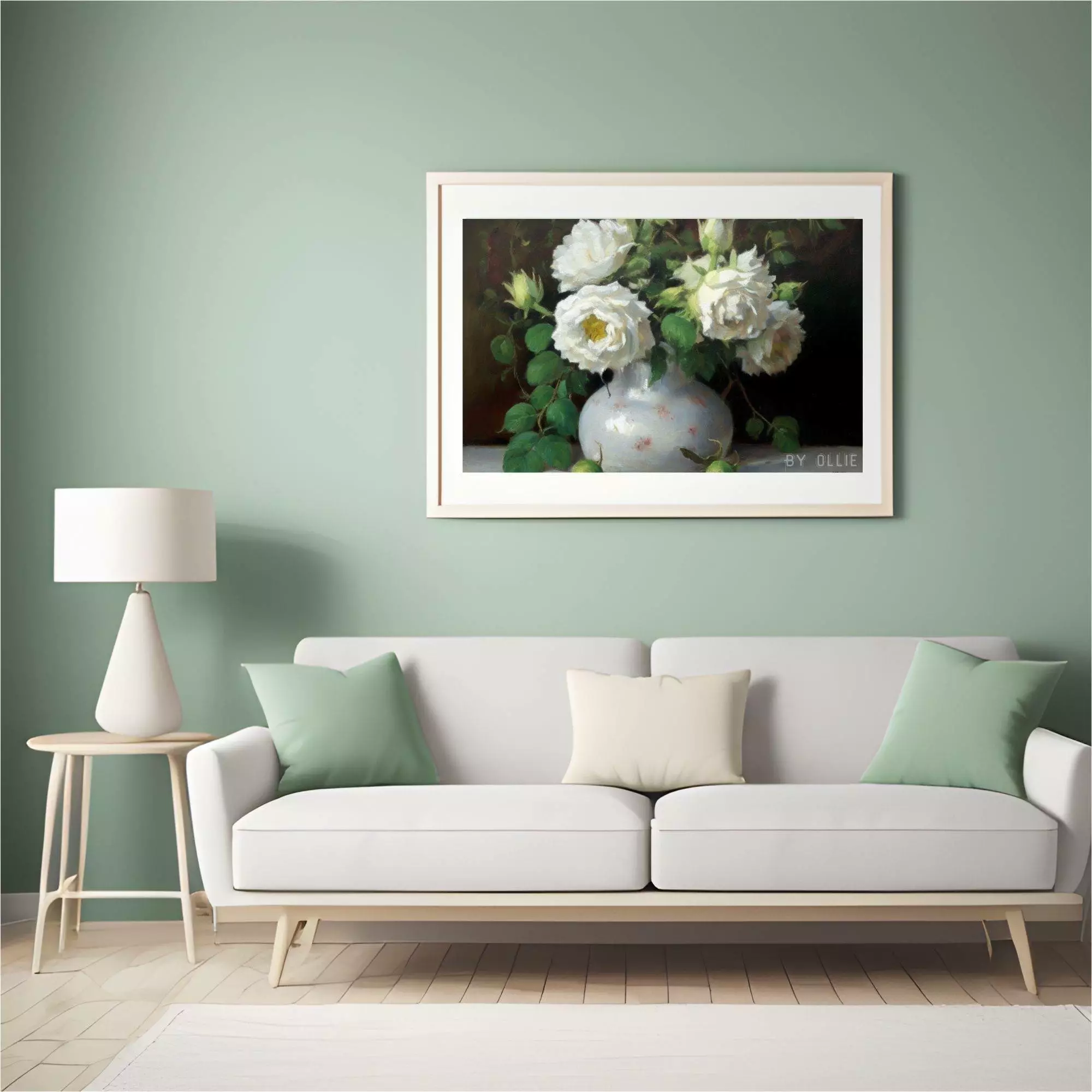 Vintage Muted Still Life Painting | White Rose Flowers Botanical Farmhouse Print| Ornament Flower Vase Oil Painting| Digital Art Painting - Image 3
