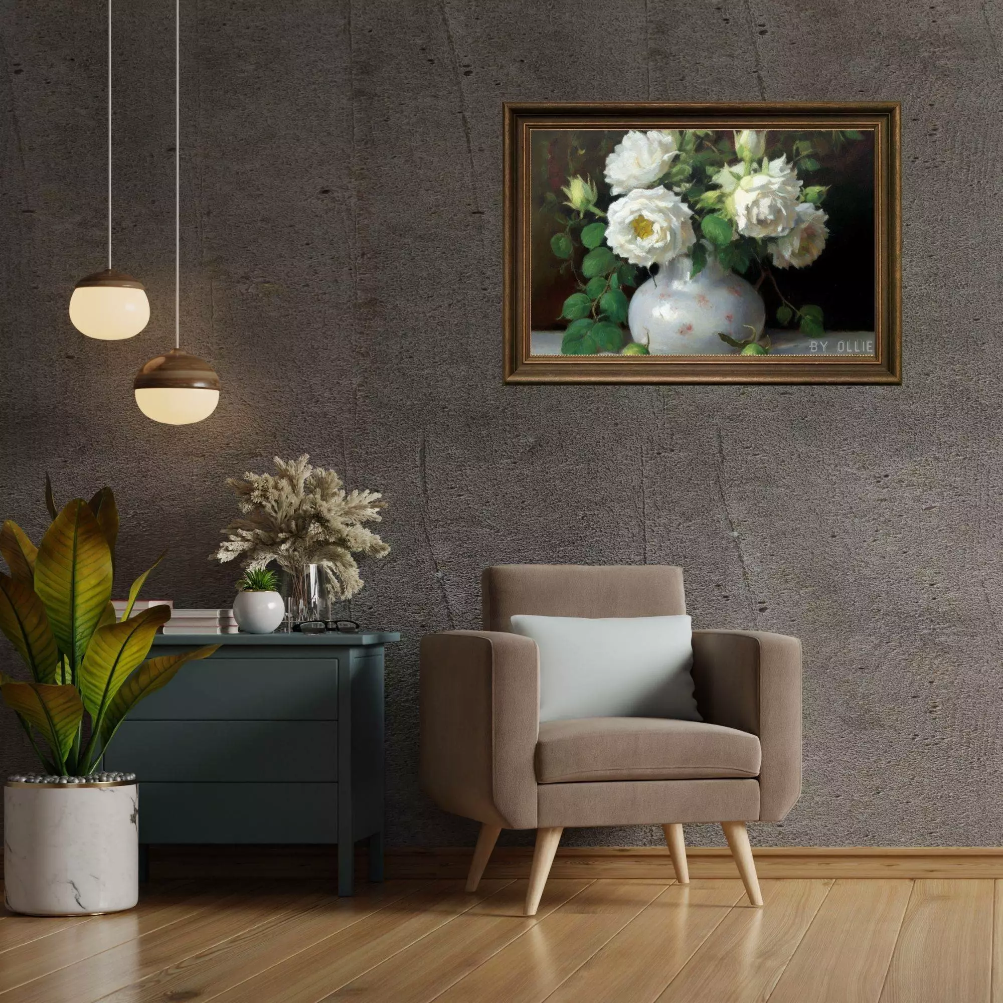 Vintage Muted Still Life Painting | White Rose Flowers Botanical Farmhouse Print| Ornament Flower Vase Oil Painting| Digital Art Painting - Image 4