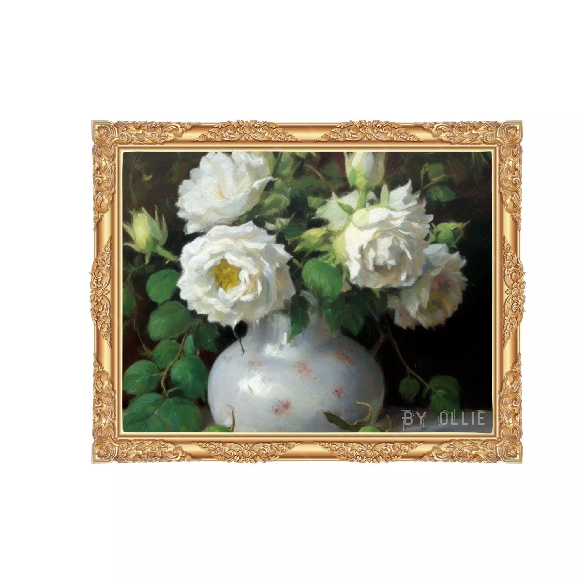 Vintage Muted Still Life Painting | White Rose Flowers Botanical Farmhouse Print| Ornament Flower Vase Oil Painting| Digital Art Painting - Image 5